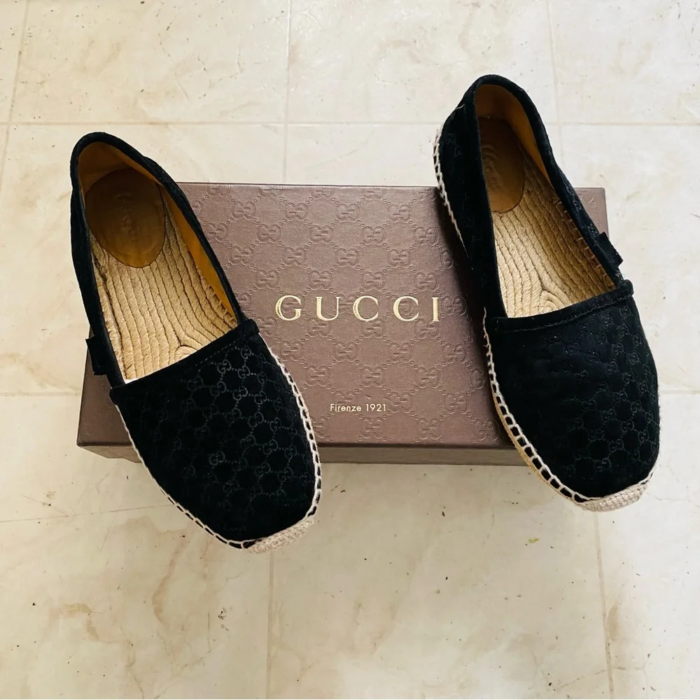 Gucci Micro Guccissima GG Monogram Black Suede Espadrilles Flats Size 6.5/36.5